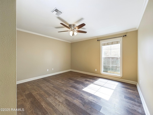 unfurnished room featuring crown molding, dark wood-type flooring, and ceiling fan