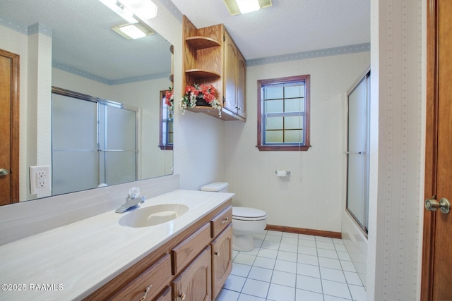 107 W Bayou Shr, Lafayette, LA 70508 - full bathroom featuring enclosed tub / shower combo, tile patterned floors, a textured ceiling, toilet, and vanity