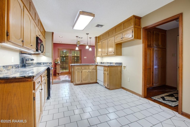 107 W Bayou Shr, Lafayette, LA 70508 - kitchen with dishwasher, hanging light fixtures, a textured ceiling, stainless steel electric stove, and light tile patterned flooring
