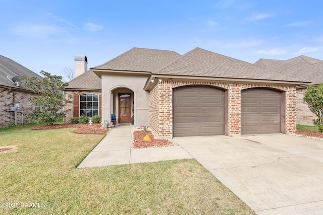 view of front of property featuring a front lawn and a garage