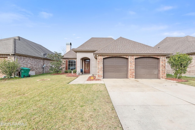 view of front of property with a front lawn and a garage