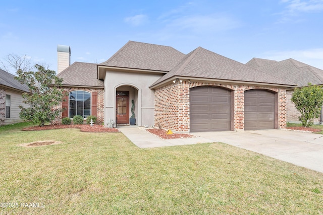 view of front of house with a front yard and a garage