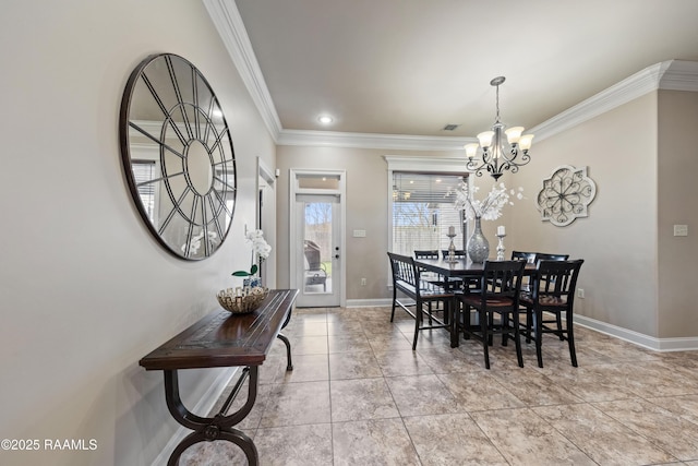 tiled dining space with a chandelier and crown molding