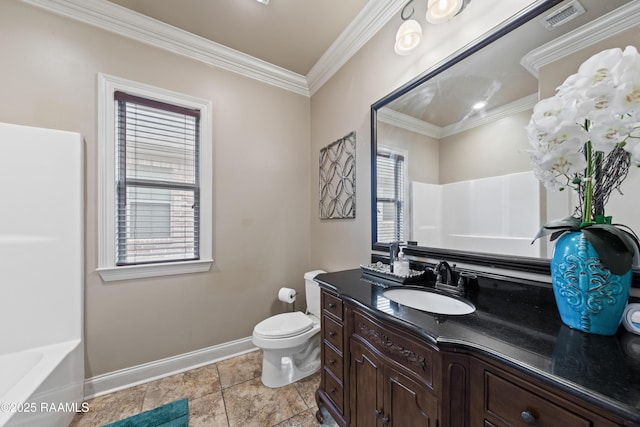 full bathroom featuring toilet, tile patterned floors, vanity, ornamental molding, and  shower combination