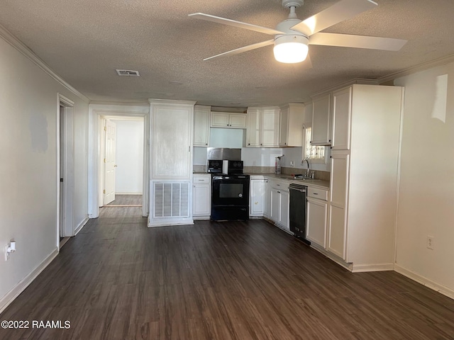 kitchen with white cabinetry, ceiling fan, stainless steel dishwasher, and black range with electric cooktop