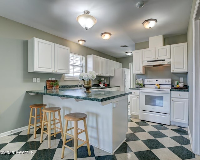 kitchen with white cabinets, white appliances, and kitchen peninsula