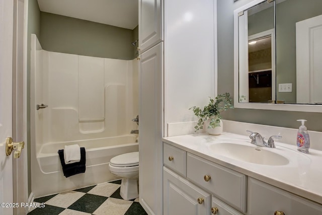 full bathroom with vanity,  shower combination, and toilet