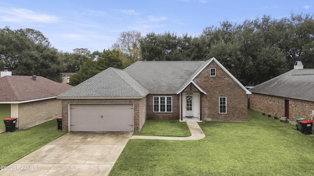 view of front of property featuring a front yard and a garage