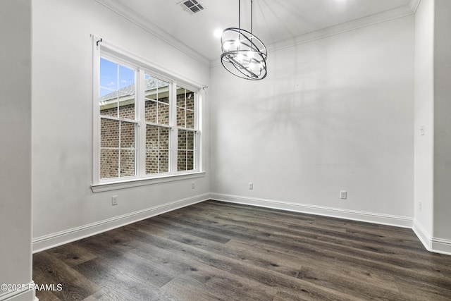 unfurnished dining area with a chandelier, dark hardwood / wood-style flooring, and ornamental molding