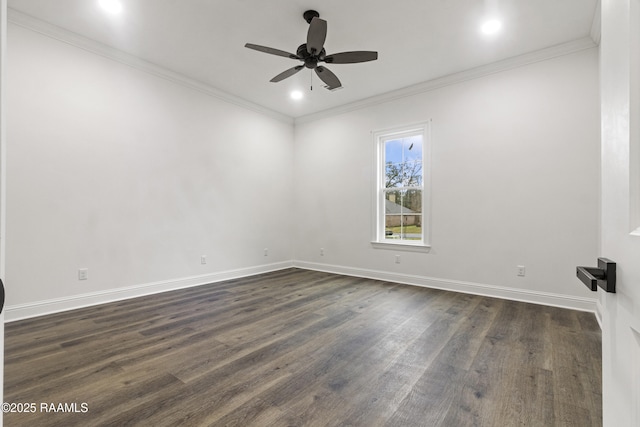 unfurnished room with ceiling fan, dark hardwood / wood-style flooring, and ornamental molding