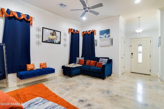 interior space featuring concrete flooring, ceiling fan, and ornamental molding