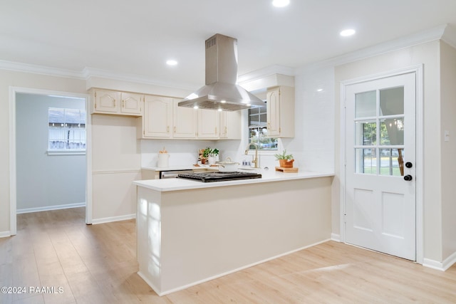 kitchen with light hardwood / wood-style floors, island exhaust hood, kitchen peninsula, backsplash, and crown molding