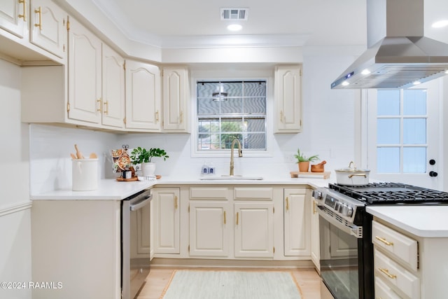 kitchen with sink, ornamental molding, light hardwood / wood-style floors, island range hood, and appliances with stainless steel finishes