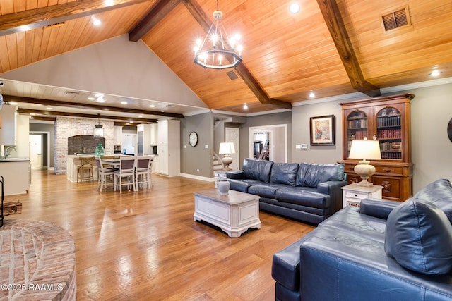 living room with high vaulted ceiling, light wood-type flooring, a notable chandelier, wooden ceiling, and beam ceiling