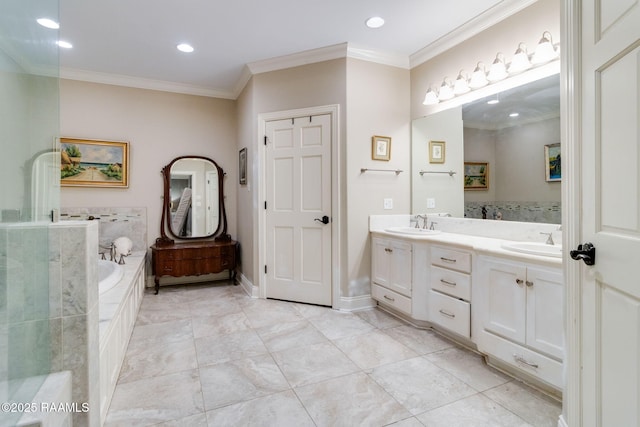 bathroom with crown molding, tiled bath, and vanity