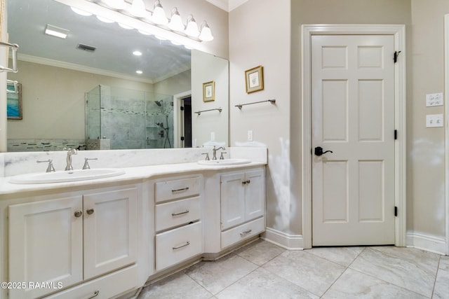 bathroom featuring an enclosed shower, vanity, tile patterned floors, and ornamental molding