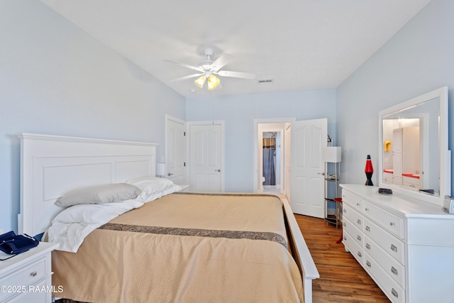 bedroom featuring wood-type flooring and ceiling fan