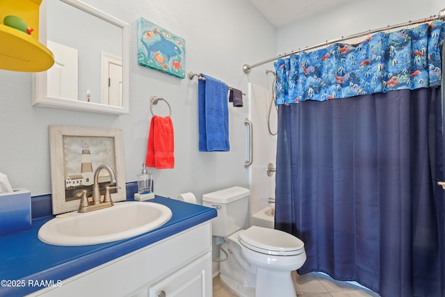 full bathroom with vanity, shower / bath combination with curtain, tile patterned floors, and toilet