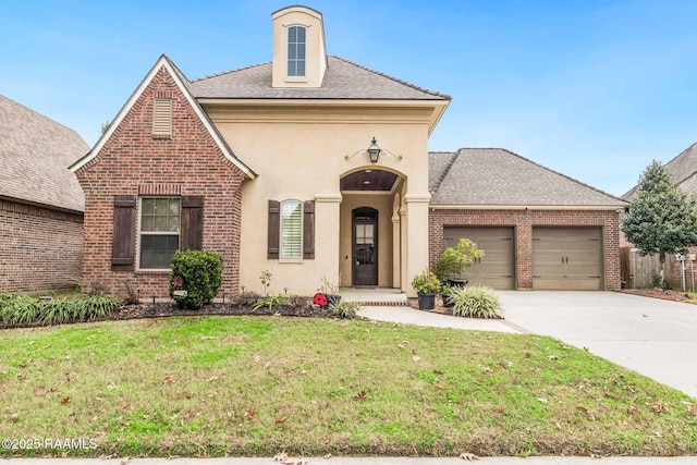 view of front of home featuring a garage and a front lawn