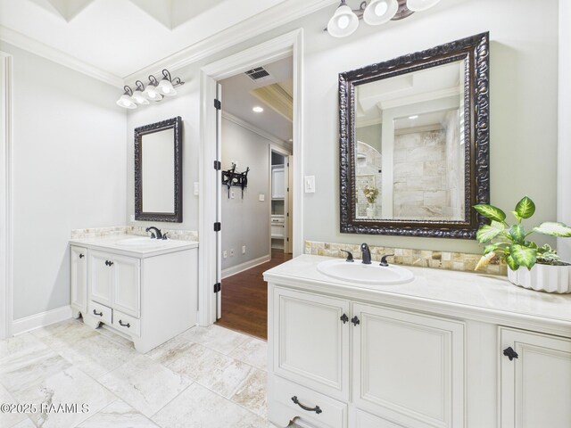 208 Rue De Frejus, Broussard, LA 70518 - bathroom with ornamental molding, baseboards, two vanities, and tiled shower