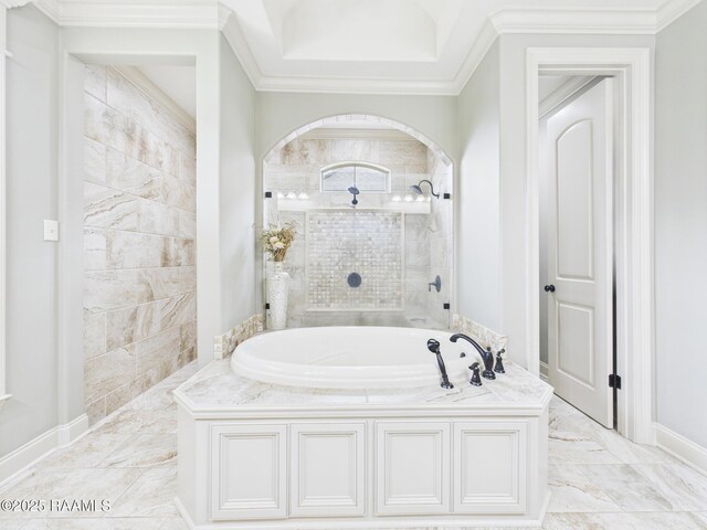 208 Rue De Frejus, Broussard, LA 70518 - full bath featuring a bath, marble finish floors, baseboards, and ornamental molding