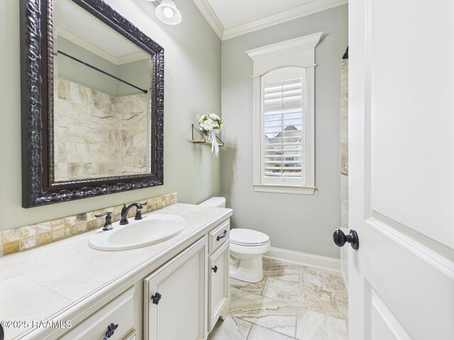 208 Rue De Frejus, Broussard, LA 70518 - full bathroom featuring vanity, toilet, marble finish flooring, crown molding, and baseboards