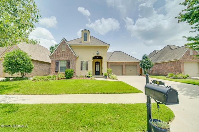208 Rue De Frejus, Broussard, LA 70518 - view of front facade featuring an attached garage, concrete driveway, a front lawn, brick siding, and stucco siding