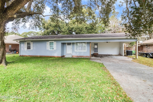 ranch-style house with central AC unit, a front yard, and a carport