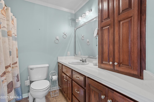 bathroom with ornamental molding, toilet, tile patterned flooring, and vanity