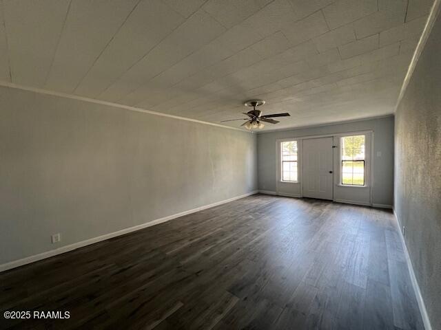 entryway featuring dark hardwood / wood-style floors, ceiling fan, and crown molding