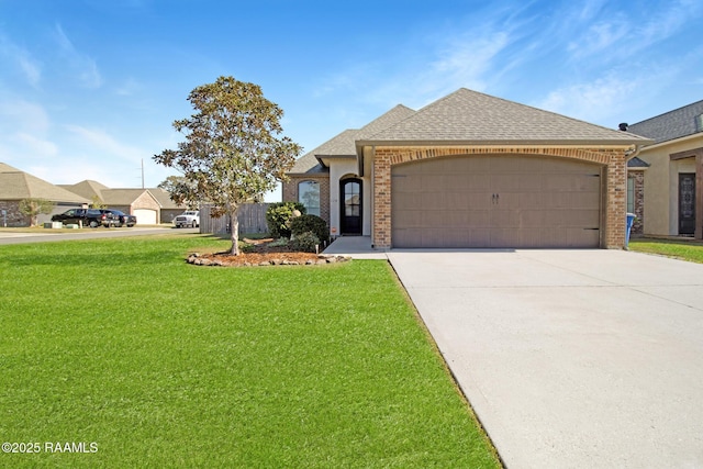 ranch-style home with a front yard and a garage