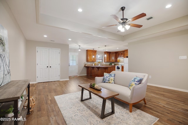 living room featuring a raised ceiling, ceiling fan, and wood-type flooring