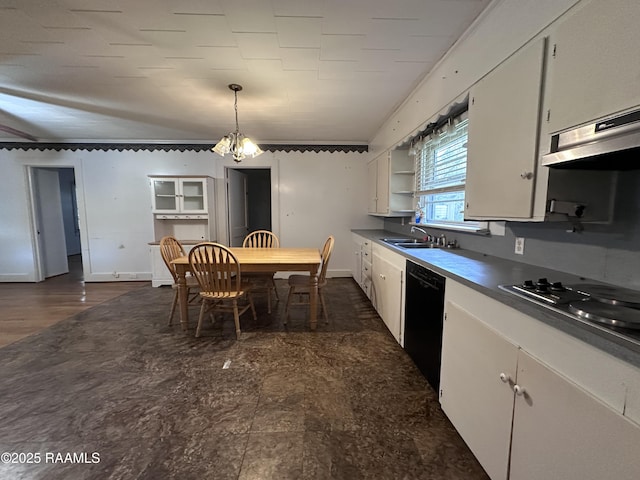 kitchen with decorative light fixtures, a notable chandelier, black appliances, white cabinetry, and sink