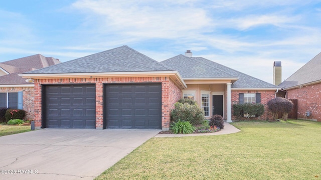 view of front of home featuring a front yard and a garage