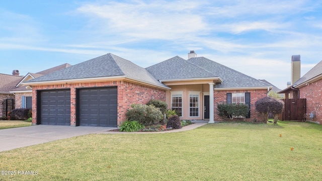 ranch-style home featuring a front yard and a garage