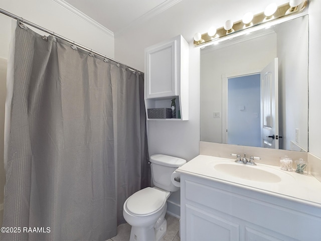 bathroom featuring toilet, ornamental molding, vanity, a shower with shower curtain, and tile patterned flooring