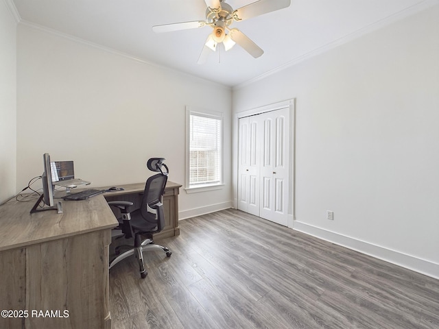 office space featuring hardwood / wood-style flooring, ornamental molding, and ceiling fan