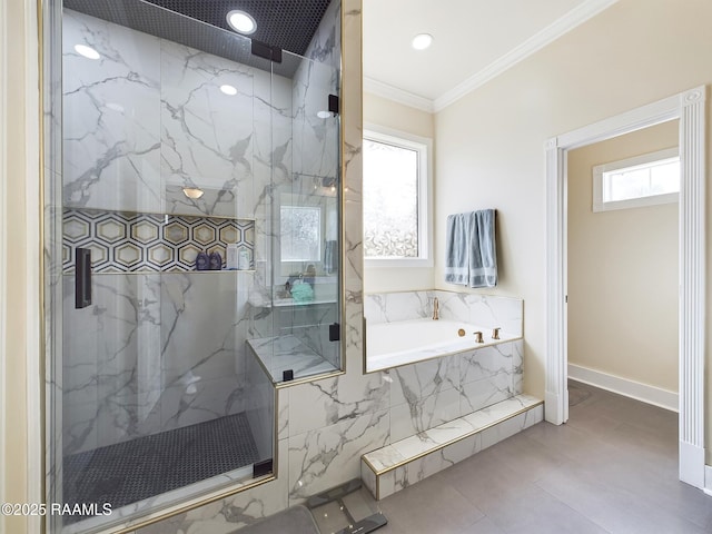 bathroom with crown molding, plus walk in shower, and a wealth of natural light