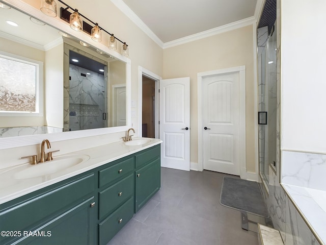 bathroom featuring crown molding, vanity, and a shower with shower door