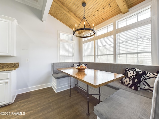 dining room with breakfast area, wood ceiling, dark hardwood / wood-style floors, and a wealth of natural light