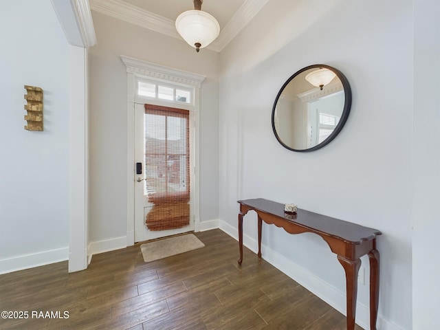 entryway with crown molding and dark hardwood / wood-style flooring