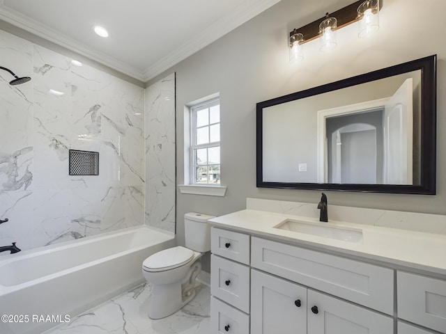 full bathroom featuring vanity, ornamental molding, toilet, and tiled shower / bath