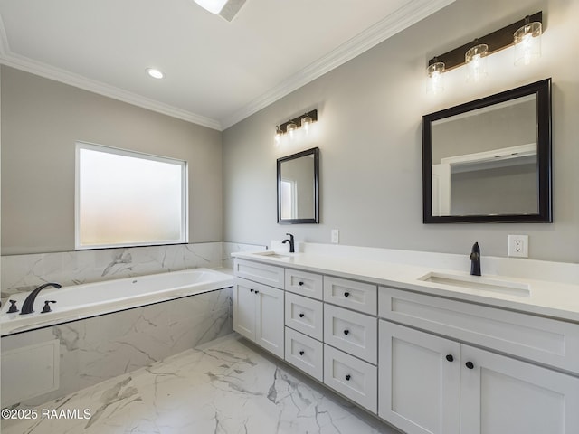 bathroom featuring vanity, tiled tub, and crown molding