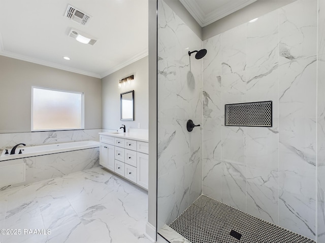 bathroom with ornamental molding, shower with separate bathtub, and vanity