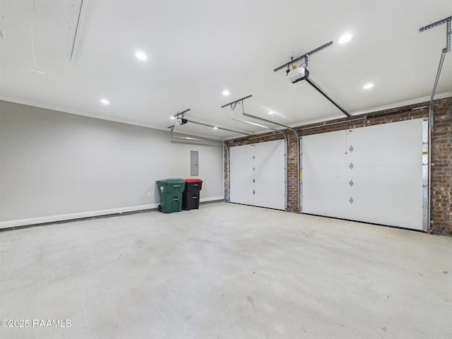 garage with a garage door opener and electric panel