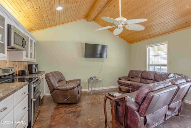 living room featuring ceiling fan, wood ceiling, and vaulted ceiling with beams