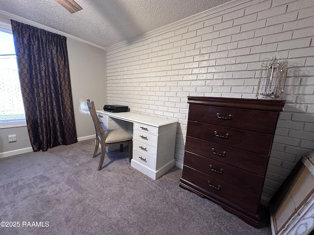 office space with light colored carpet, a textured ceiling, and crown molding