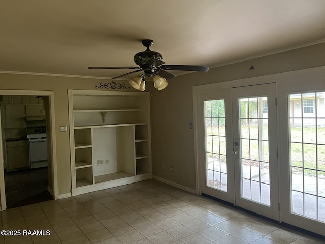 interior space with light tile patterned floors, ceiling fan, built in features, french doors, and crown molding