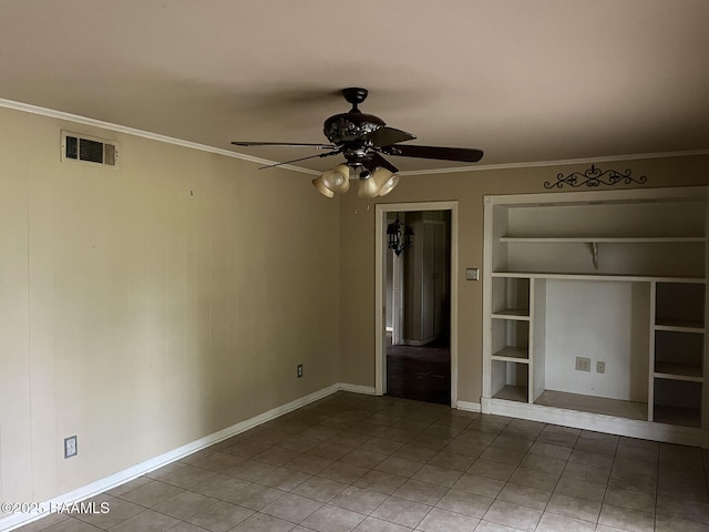 unfurnished bedroom with ceiling fan, ornamental molding, a closet, and tile patterned floors