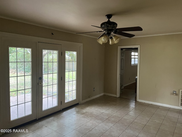 doorway to outside featuring ceiling fan, light tile patterned floors, and crown molding